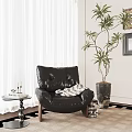 Black Leather Lounge Chair In Living Room With Side Table White Curtains And Tall Plant