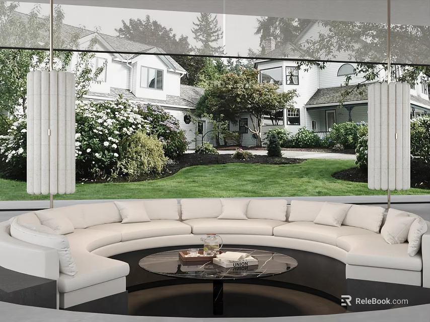 Large White Curved Sectional Sofa with Round Coffee Table and Garden View Through Large Windows 3d model