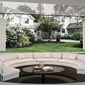 Large White Curved Sectional Sofa with Round Coffee Table and Garden View Through Large Windows 3d model