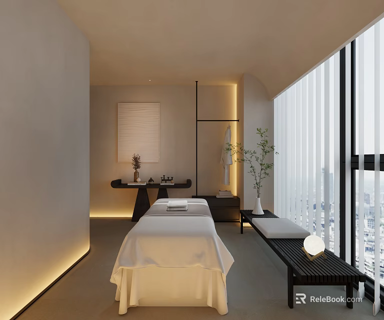 Modern Minimalist Spa Room With Treatment Bed And Natural Light 3d model 