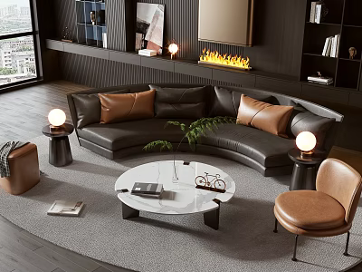 Modern Black Sofa With Brown Cushions And Round Coffee Table In Living Room With Side Tables And Round Lamps 3d model