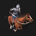 Man Riding Brown Horse Wearing Medieval Armor And Holding Steel Sword