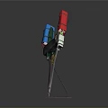 Colorful Metal Weapon With Red Blue Components Sharp Blade On Green Rusty Stand