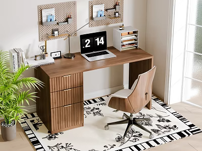 Modern Wooden Desk Workspace With Laptop Lamp Chair Books Pegboard And Plant 3d model