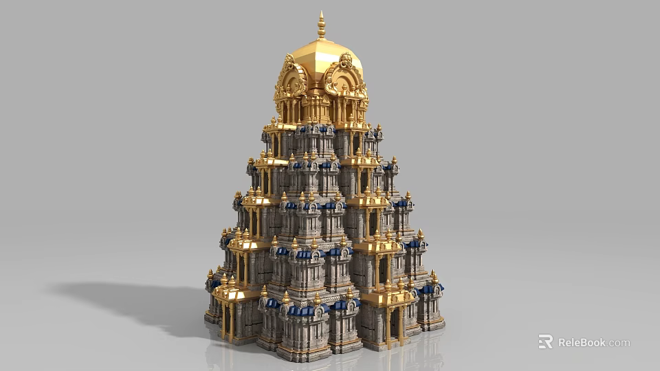 Traditional Tiered Architectural Structure with Golden Dome Gray Base and Blue Decorative Accents 3d model 