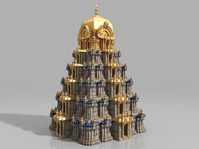 Traditional Tiered Architectural Structure with Golden Dome Gray Base and Blue Decorative Accents 3d model