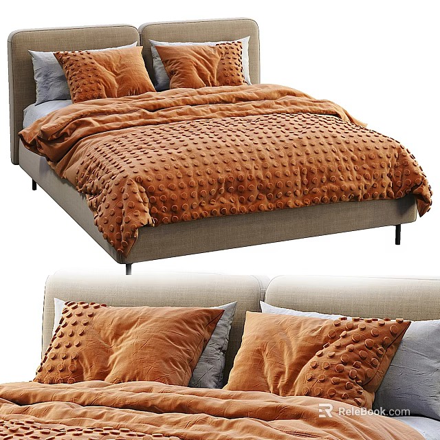 Cozy Orange Velvet Double Bed With Soft Bedding Pillows And Gray Frame 3d model 