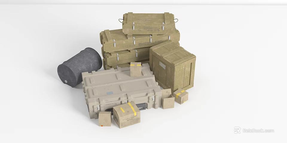 Weapons Storage In Stacked Military Crates With Gray Barrel And Small Boxes 3d model 