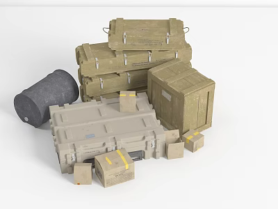 Weapons Storage In Stacked Military Crates With Gray Barrel And Small Boxes 3d model