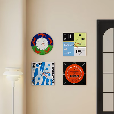 Four Decorative Wall Clocks With Colorful Circular Square And Illustration Designs On Living Room Wall 3d model