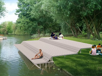 Garden Landscape Design With Sloped Riverside Platform And People Resting Among Trees And Grass 3d model