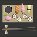 Delicious Assorted Sushi Platter With Wooden Tray Chopsticks And Soy Sauce