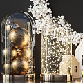 Decorative Ornament Set with Glass Bell Jars Golden Spheres White Beads and Fairy Lights