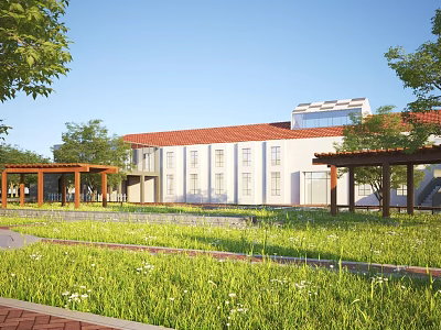 Red Roof White Building With Green Lawn Trees And Pavilions In Campus Area 3d model