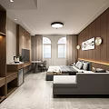 Hotel Guest Room With Comfortable Bed Nightstand TV Wooden Walls Decorative Paintings And Desk Chair