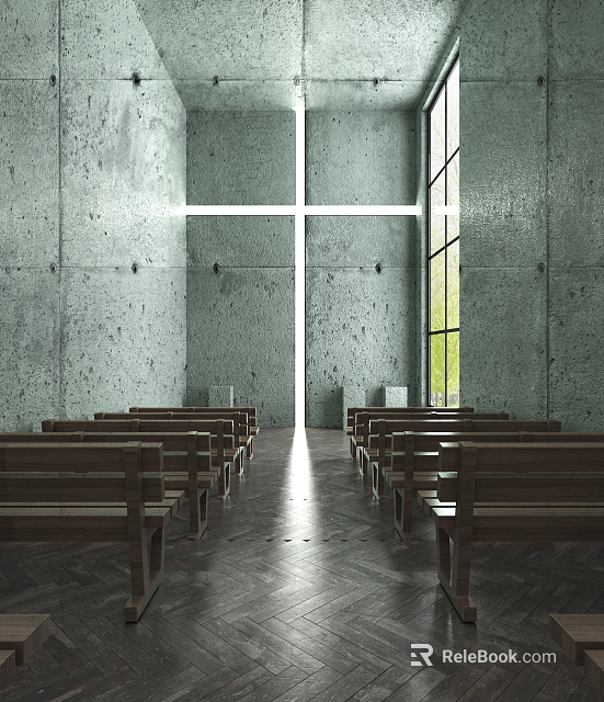 Serene Church Interior With Concrete Walls White Cross Wooden Benches And Natural Light 3d model 