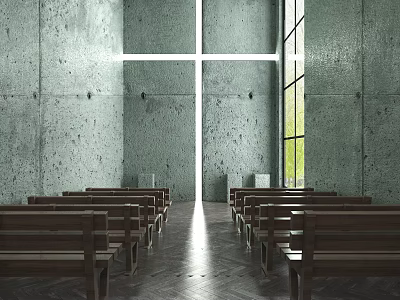 Serene Church Interior With Concrete Walls White Cross Wooden Benches And Natural Light 3d model