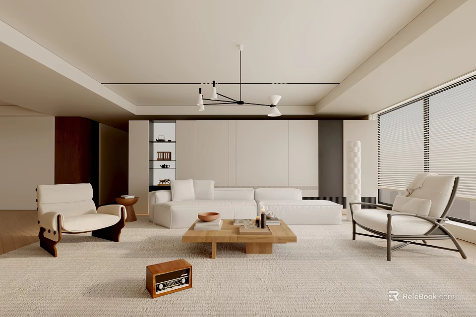Modern Living Room Interior With White Sofa Wooden Coffee Table Armchairs And Rug 3d model 