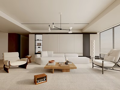 Modern Living Room Interior With White Sofa Wooden Coffee Table Armchairs And Rug 3d model