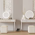Elegant Double Dressing Tables With Round Mirrors Cosmetics Stools And Patterned Walls 3d model