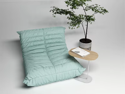 Light Green Bean Bag Sofa With Small Side Table Book And Potted Plant 3d model