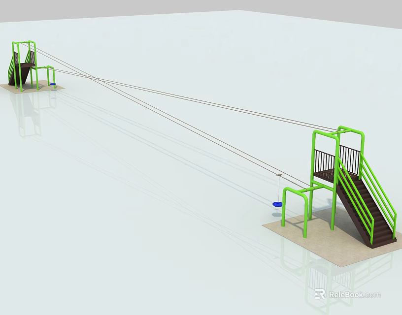 Outdoor Playground Equipment with Green Metal Frame Rope Zip Line Stairs and Platform 3d model 