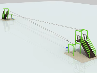 Outdoor Playground Equipment with Green Metal Frame Rope Zip Line Stairs and Platform 3d model