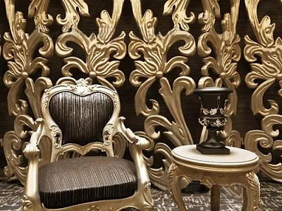 Ornate Golden Carved Single Sofa With Black Cushion And Side Table Against Carved Wall 3d model