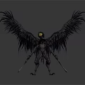 Dark Fantasy Black Creature With Feathered Wings Golden Head And Clawed Limbs