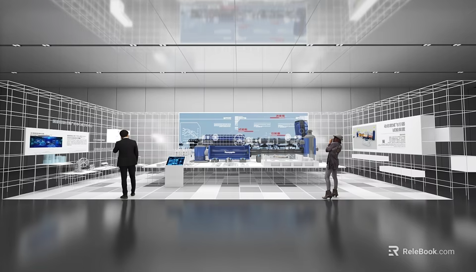 Modern Exhibition Hall With Visitors Viewing Large Digital Display And Grid Structure 3d model