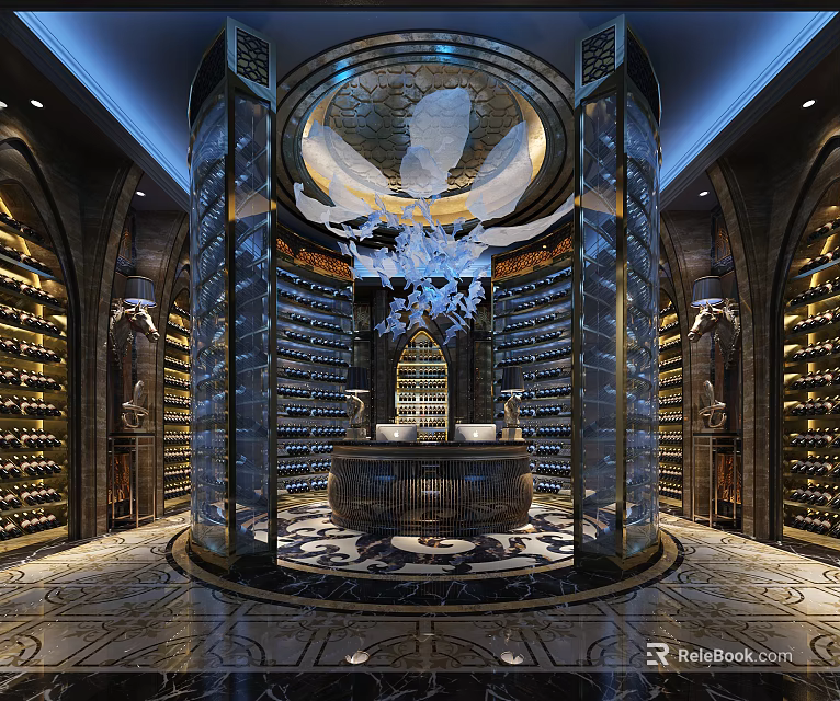 Luxurious Tobacco Wine Shop Interior With Circular Bar Wine Racks And Chandelier 3d model 