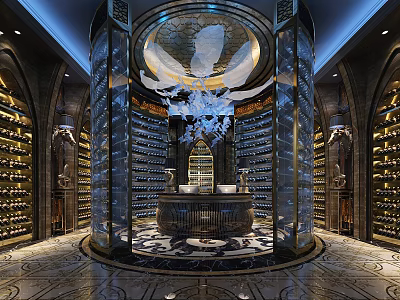 Luxurious Tobacco Wine Shop Interior With Circular Bar Wine Racks And Chandelier 3d model