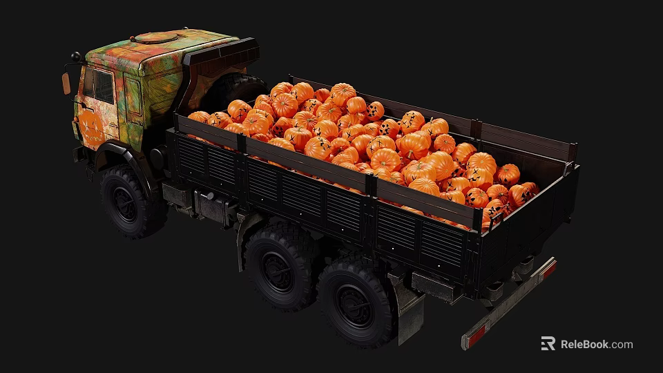 Vintage Cargo Truck Carrying Plenty Of Orange Pumpkins In Open Bed 3d model 
