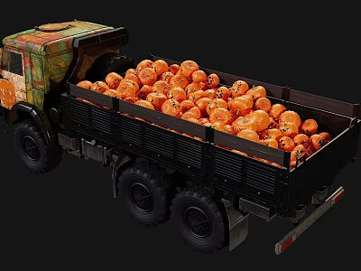 Vintage Cargo Truck Carrying Plenty Of Orange Pumpkins In Open Bed 3d model