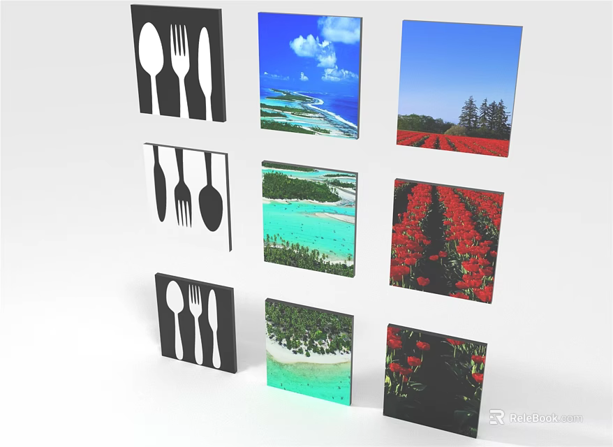Other Display Cards With Utensil Icons Scenery Images And Red Flower Fields 3d model 