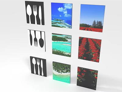 Other Display Cards With Utensil Icons Scenery Images And Red Flower Fields 3d model