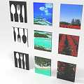 Other Display Cards With Utensil Icons Scenery Images And Red Flower Fields