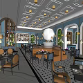 Elegant Restaurant Interior With Blue Walls Arched Doorways Pendant Lights Green Plants And Brown Banquettes