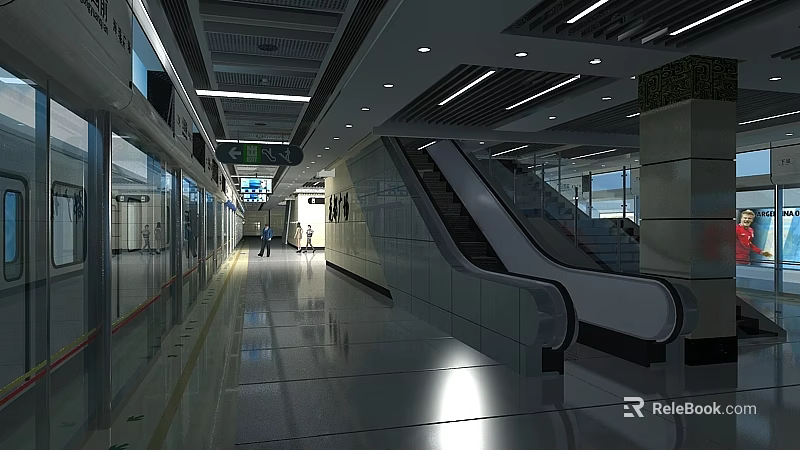 Modern Station Interior Featuring Escalator Shiny Floor Bright Lighting And Pedestrians 3d model 