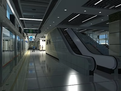 Modern Station Interior Featuring Escalator Shiny Floor Bright Lighting And Pedestrians 3d model