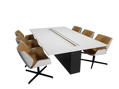 Modern White Conference Table With Central Metal Strip And Brown White Chairs Black Base 3d model