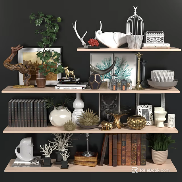 Elegant Decorative Ornament Set On Multi Layered Shelves With Green Plants Vases Books And Frames 3d model 
