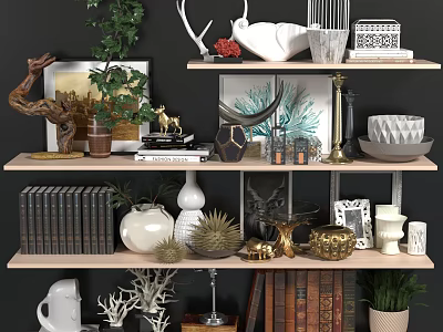 Elegant Decorative Ornament Set On Multi Layered Shelves With Green Plants Vases Books And Frames 3d model