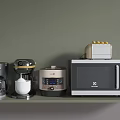 Essential Kitchen Appliances Including Coffee Maker Blender Rice Cooker Toaster And Microwave Oven On Shelf