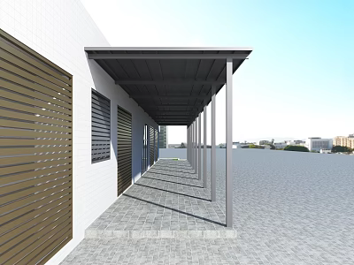 Modern Metal Awning with Support Columns Along White Wall and Stone Pavement 3d model