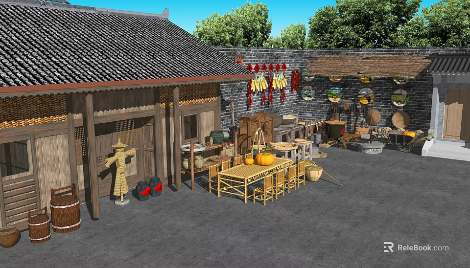 Traditional Agricultural Tools Display With Scarecrow Pumpkins And Bamboo Furniture In Courtyard 3d model 