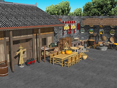 Traditional Agricultural Tools Display With Scarecrow Pumpkins And Bamboo Furniture In Courtyard 3d model