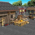 Traditional Agricultural Tools Display With Scarecrow Pumpkins And Bamboo Furniture In Courtyard