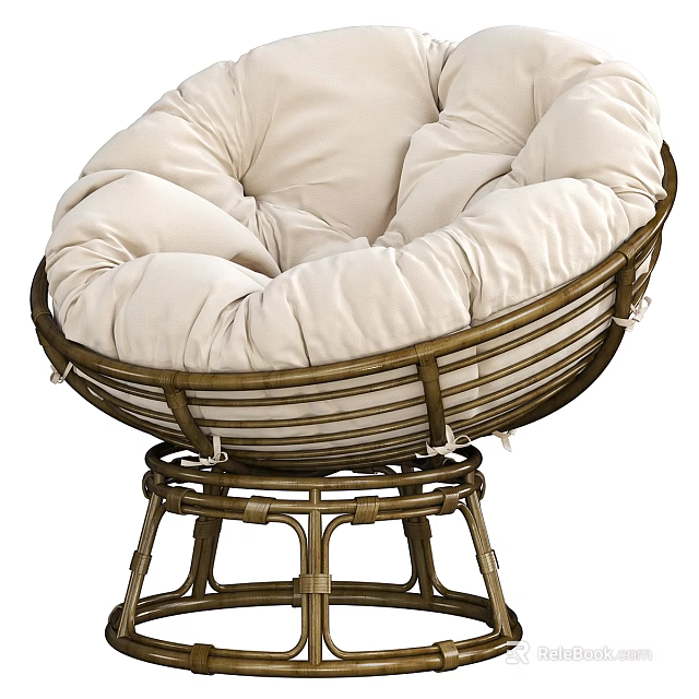 Cozy Beige Armchair with Plush Padded Seat Rattan Style Metal Frame Circular Base Indoor Decor 3d model 
