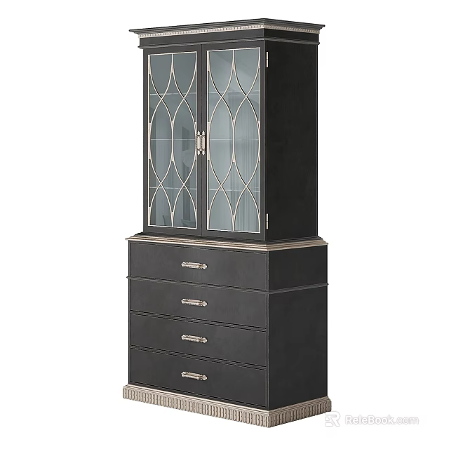 Elegant Black Wooden Sideboard In Dining Room With Decorative Glass Doors And Drawers 3d model 